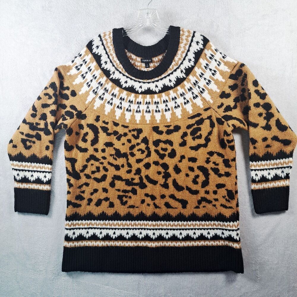 Torrid Vegan Cashmere Pullover Fair Isle Sweater Size 2 Leopard Animal Print